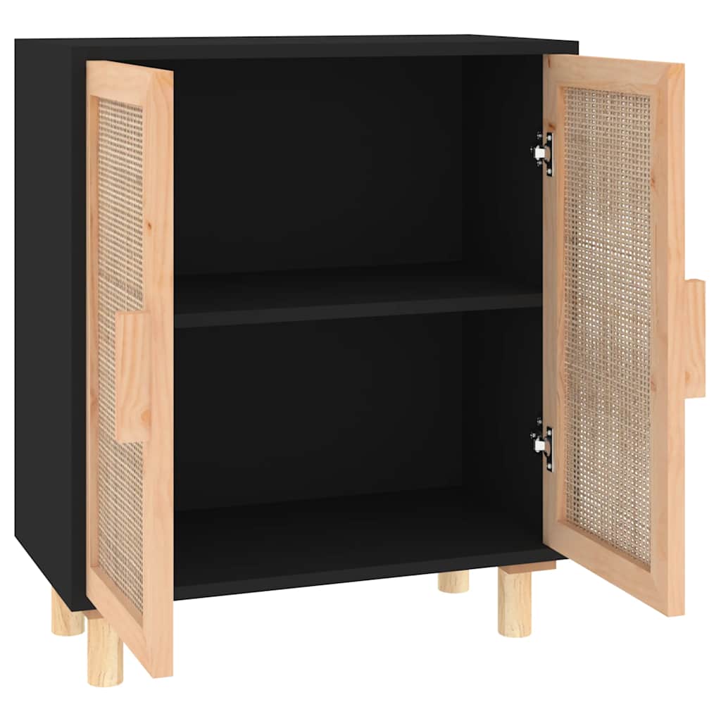Komoda crna 60 x 30 x 70 cm masivna borovina i prirodni ratan