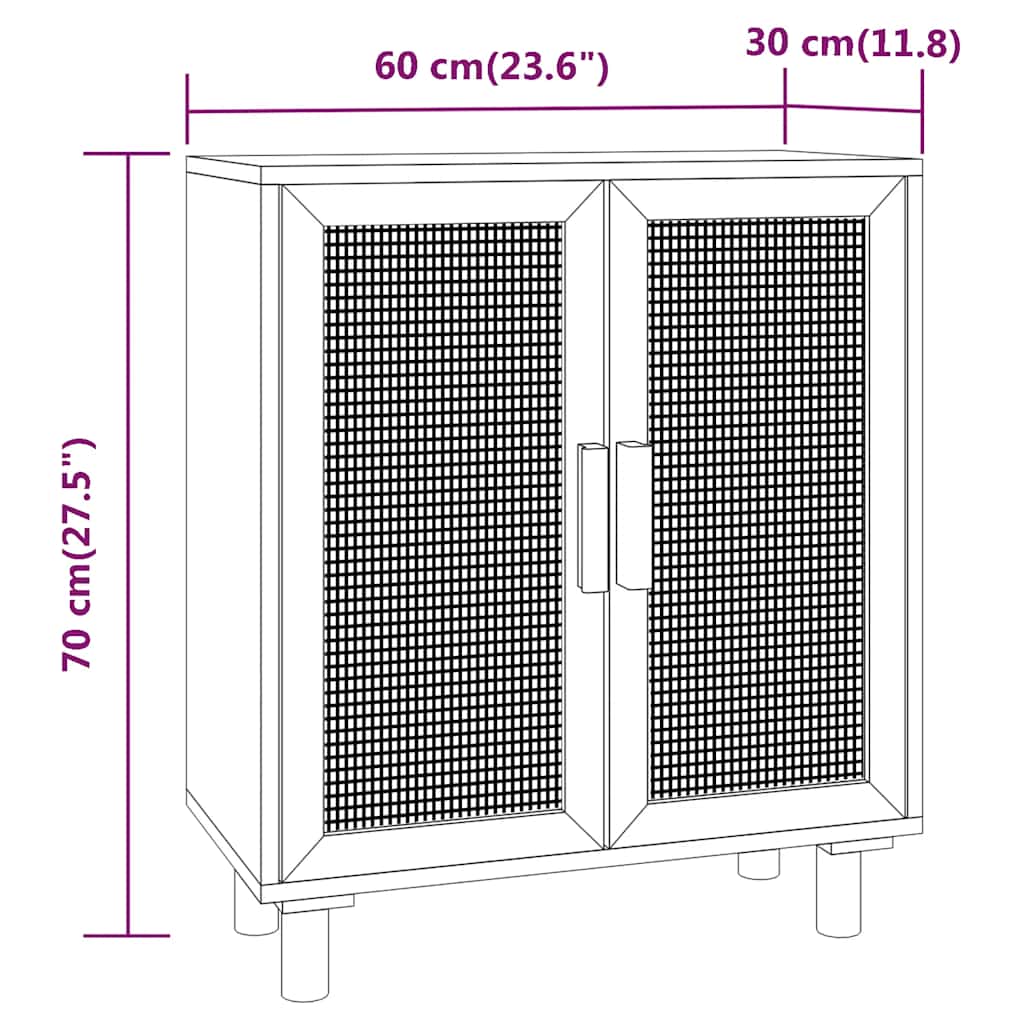 Komoda crna 60 x 30 x 70 cm masivna borovina i prirodni ratan