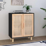 Komoda crna 60 x 30 x 70 cm masivna borovina i prirodni ratan