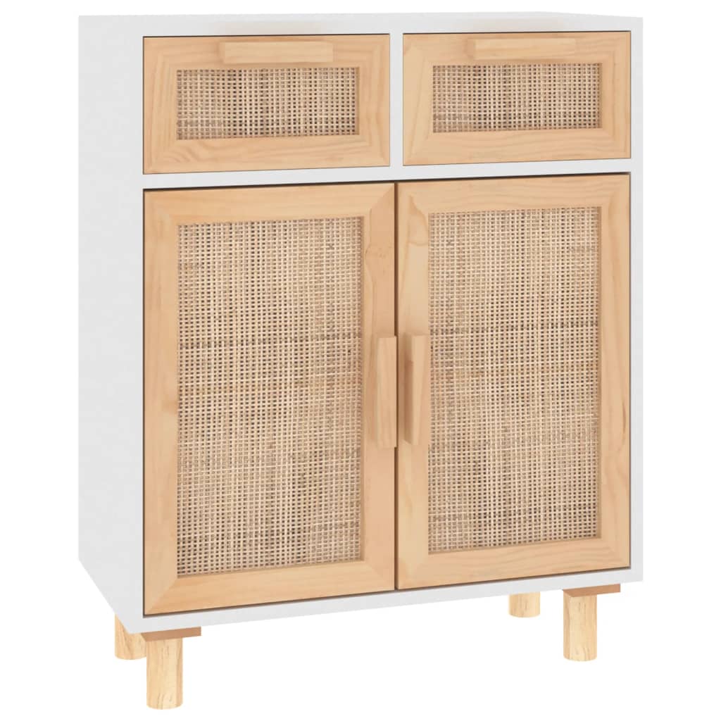 Komoda bijela 60 x 30 x 75 cm masivna borovina i prirodni ratan