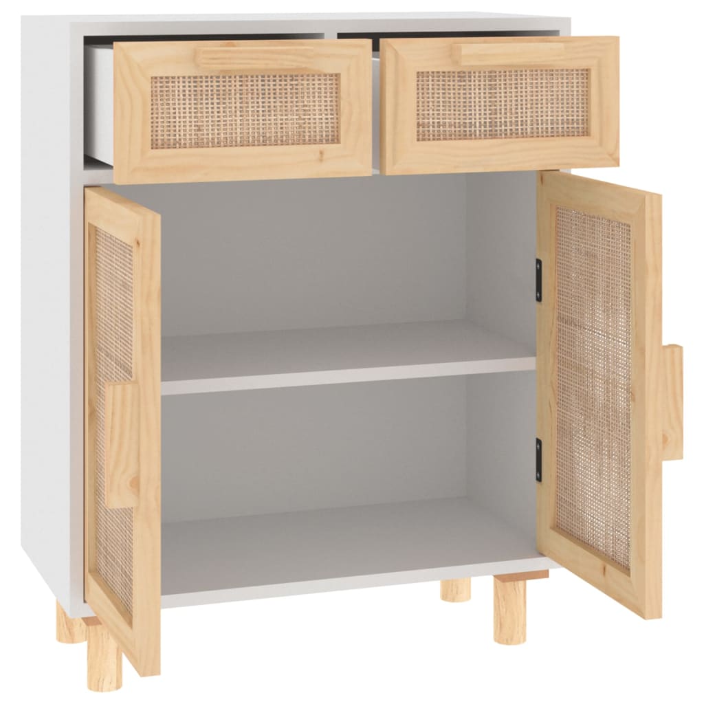 Komoda bijela 60 x 30 x 75 cm masivna borovina i prirodni ratan