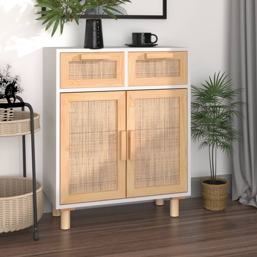 Komoda bijela 60 x 30 x 75 cm masivna borovina i prirodni ratan