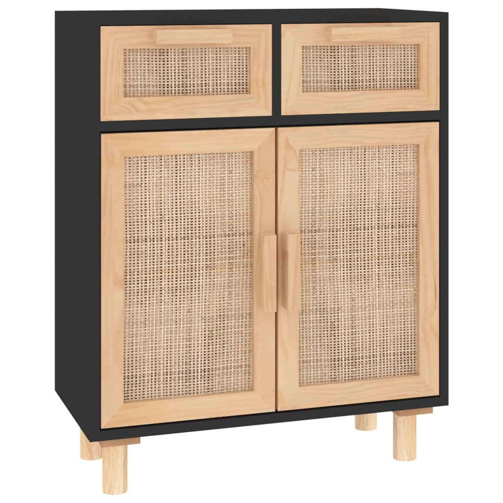 Komoda crna 60 x 30 x 75 cm masivna borovina i prirodni ratan