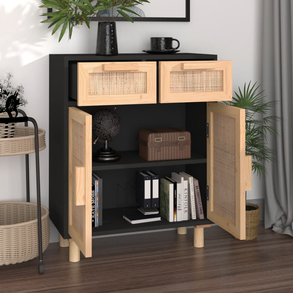 Komoda crna 60 x 30 x 75 cm masivna borovina i prirodni ratan