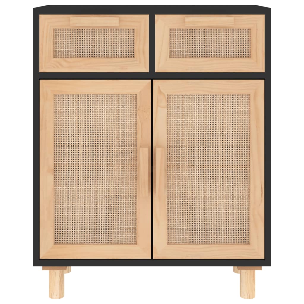 Komoda crna 60 x 30 x 75 cm masivna borovina i prirodni ratan