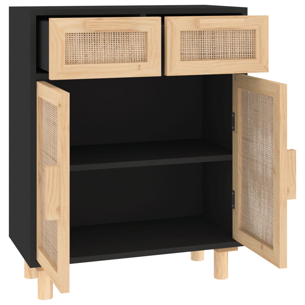 Komoda crna 60 x 30 x 75 cm masivna borovina i prirodni ratan