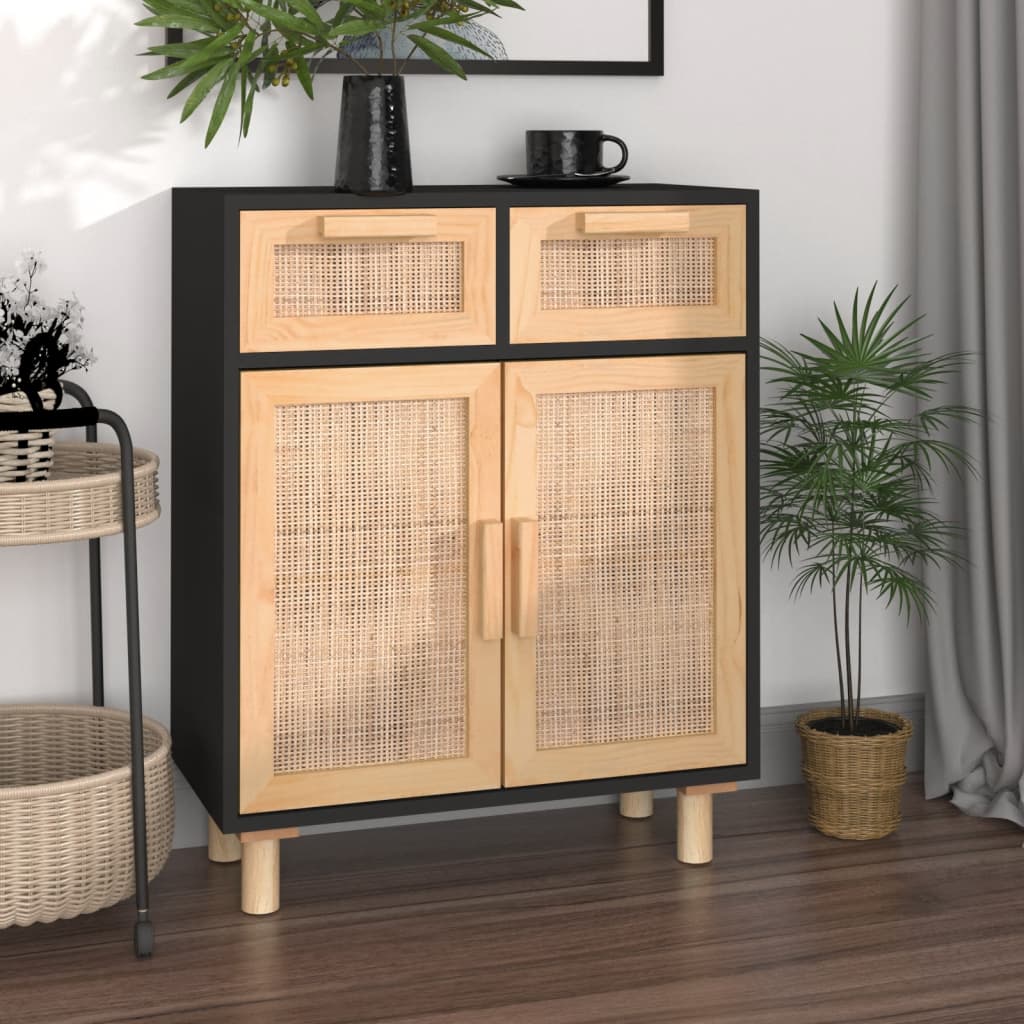 Komoda crna 60 x 30 x 75 cm masivna borovina i prirodni ratan