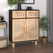 Komoda crna 60 x 30 x 75 cm masivna borovina i prirodni ratan