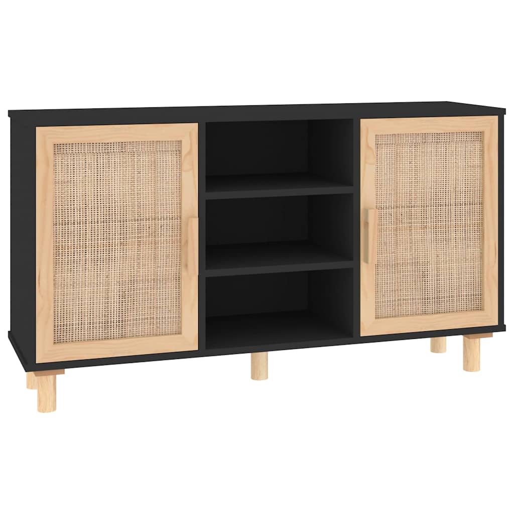 Komoda crna 105 x 30 x 60 cm masivna borovina i prirodni ratan