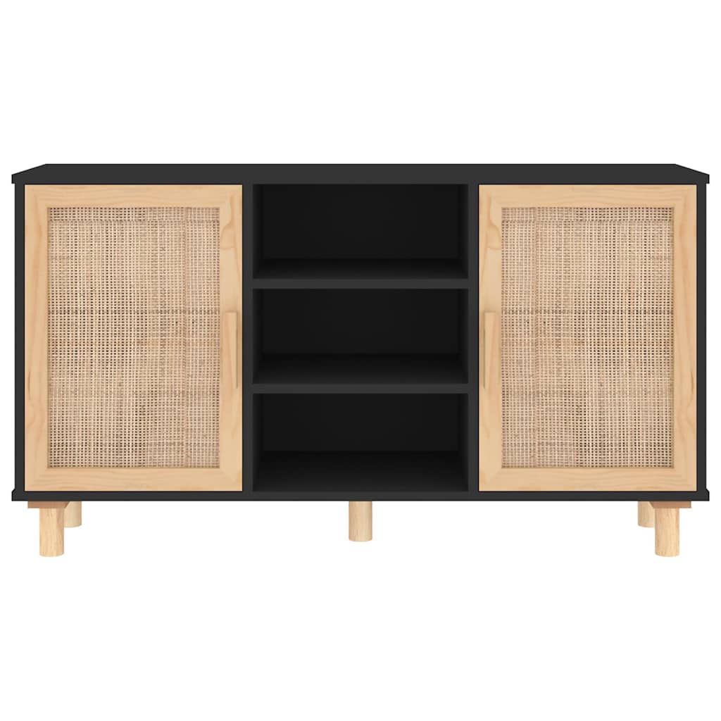 Komoda crna 105 x 30 x 60 cm masivna borovina i prirodni ratan