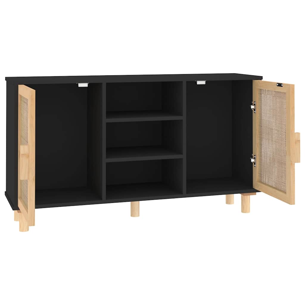 Komoda crna 105 x 30 x 60 cm masivna borovina i prirodni ratan