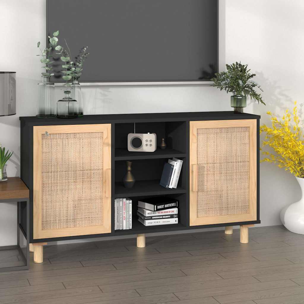 Komoda crna 105 x 30 x 60 cm masivna borovina i prirodni ratan