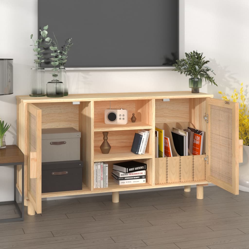 Komoda smeđa 105x30x60 cm masivna borovina i prirodni ratan