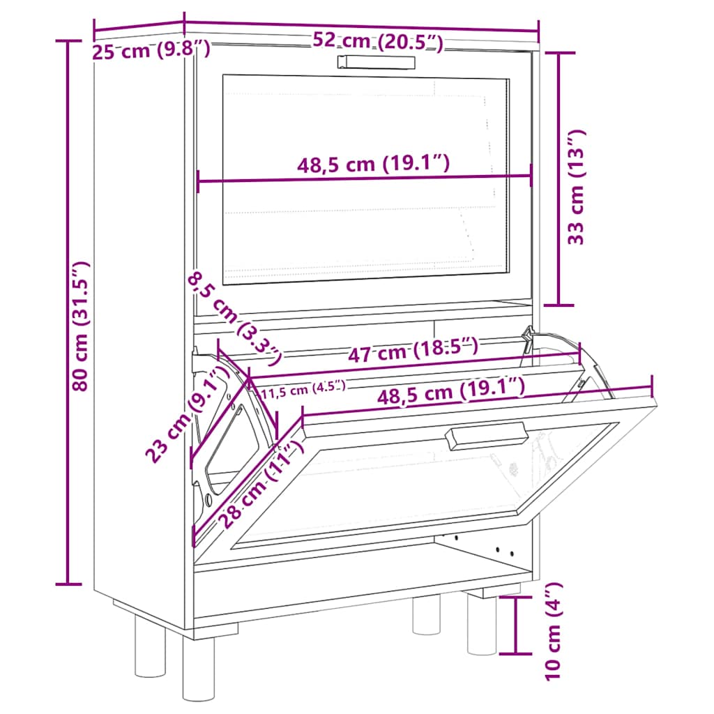 Ormarić za cipele crni 52 x 25 x 80 cm drvo i prirodni ratan