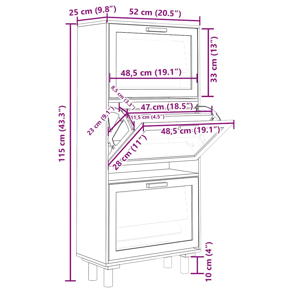 Ormarić za cipele crni 52 x 25 x 115 cm drvo i prirodni ratan