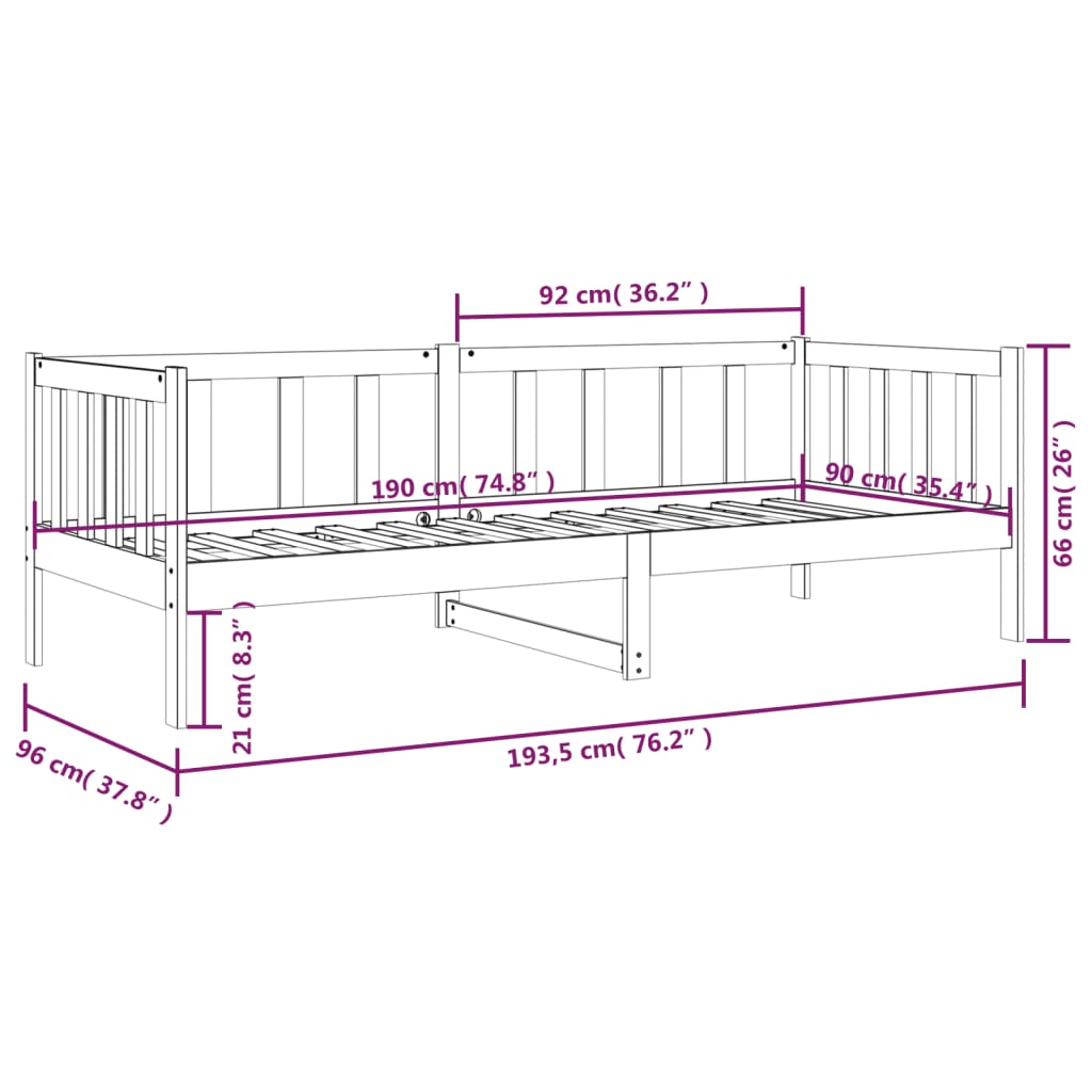 Dnevni krevet bez madraca bijeli 90 x 190 cm masivna borovina