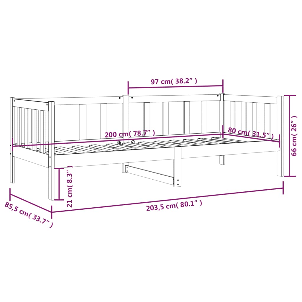 Dnevni krevet bez madraca bijeli 80 x 200 cm masivna borovina