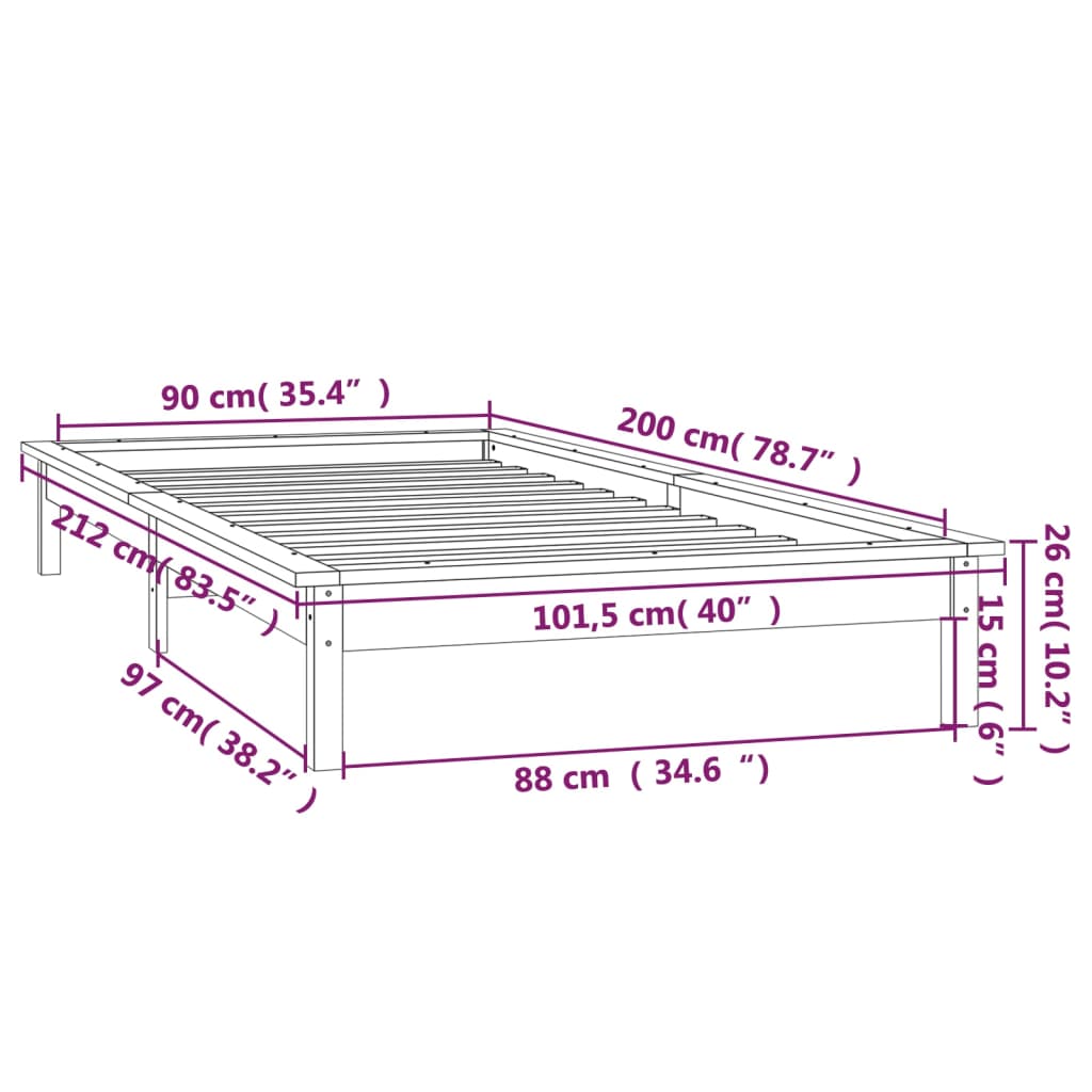 LED okvir za krevet smeđa boja meda 90x200 cm od masivnog drva