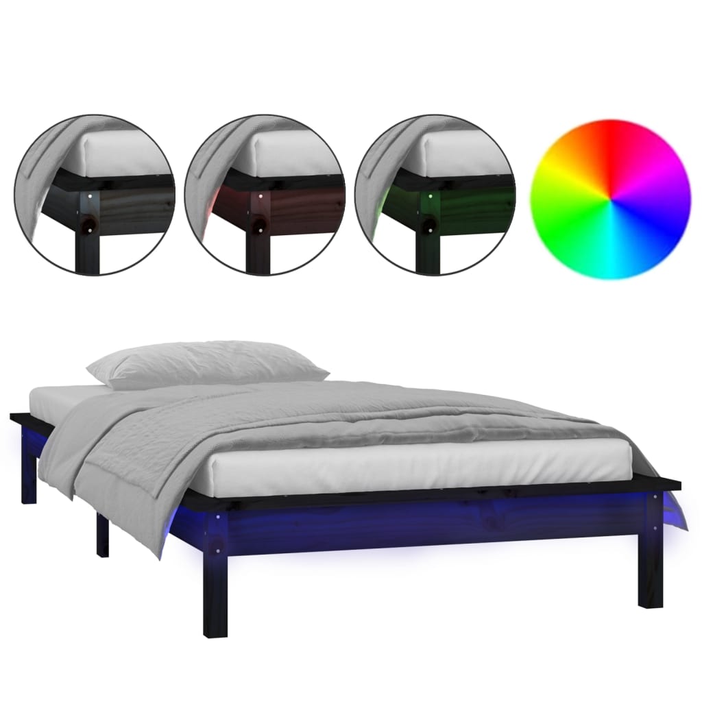 LED okvir za krevet crni 100 x 200 cm od masivnog drva