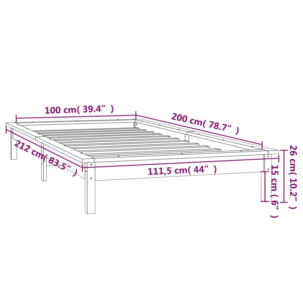LED okvir za krevet crni 100 x 200 cm od masivnog drva