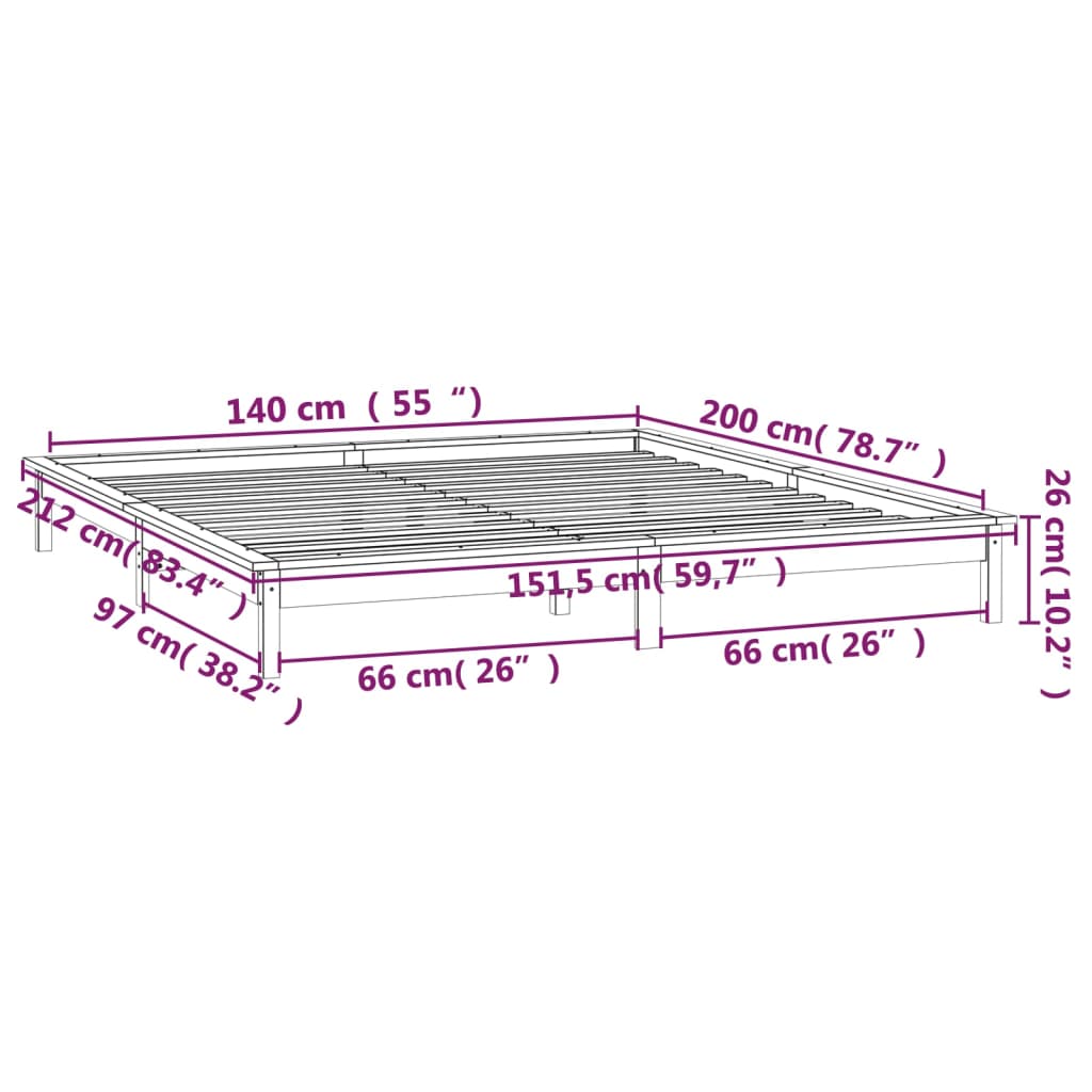 LED Okvir za krevet 140 x 200 cm od masivnog drva
