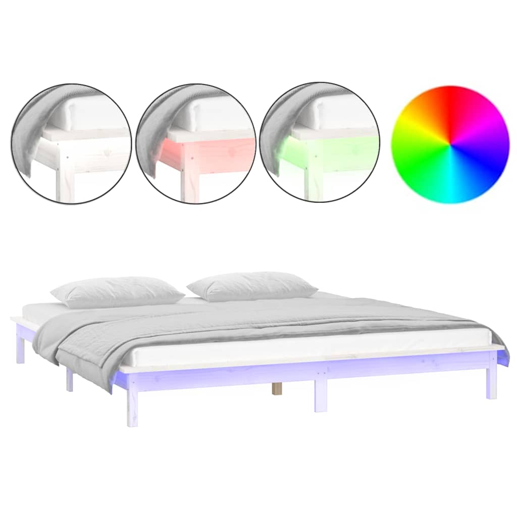 LED Okvir za krevet bijeli 140 x 200 cm od masivnog drva