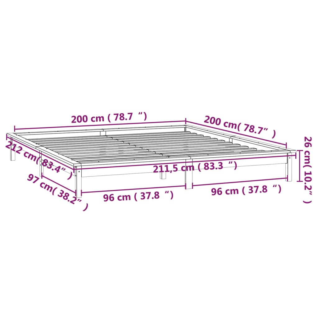 LED okvir za krevet bijeli 200 x 200 cm od masivnog drva