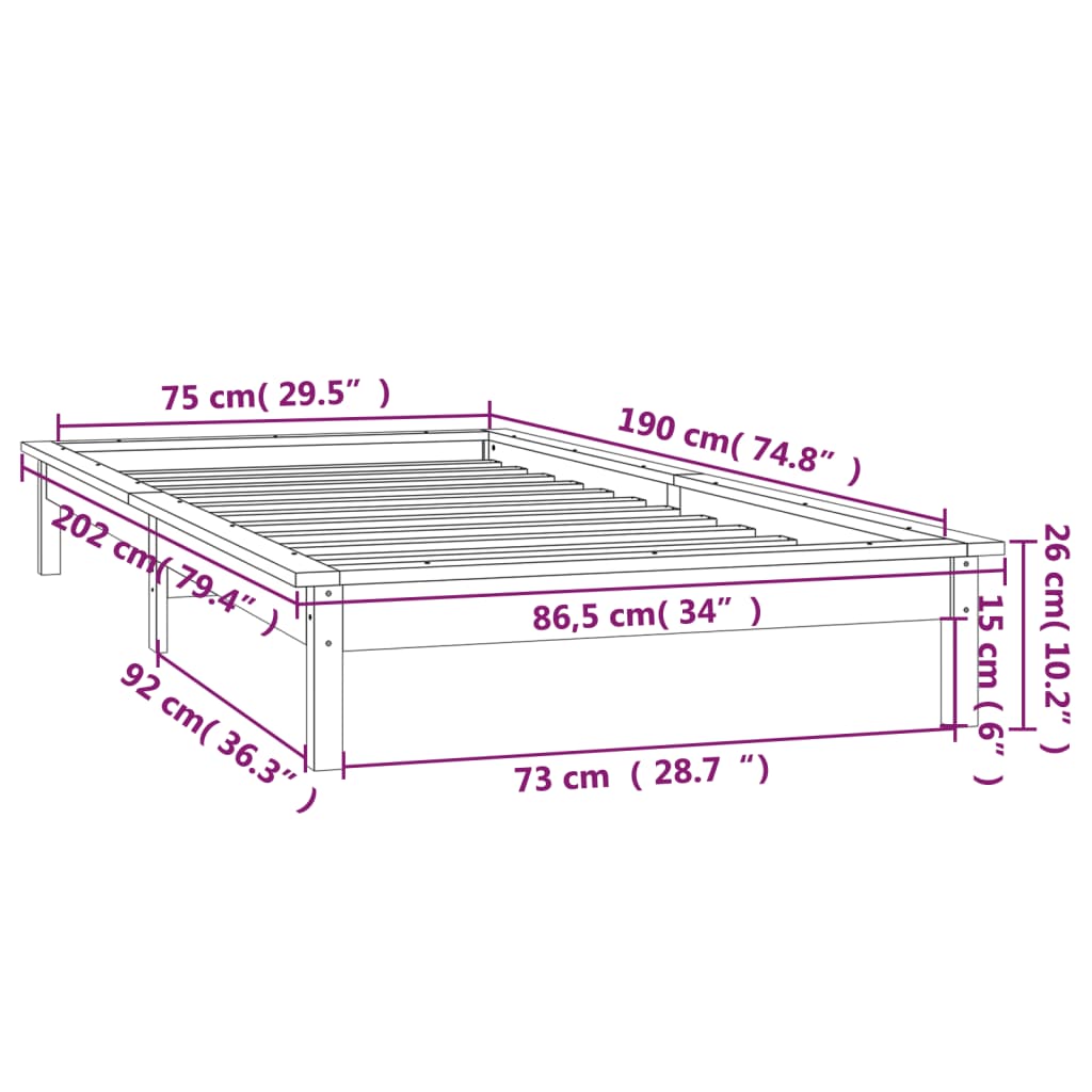 LED okvir kreveta crni 75 x 190 cm mali od masivnog drva