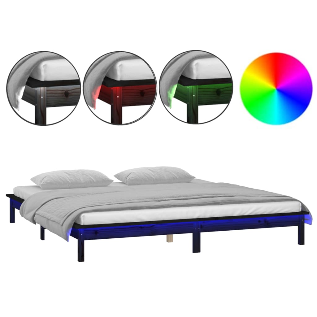 LED okvir kreveta crni 120x190 cm mali bračni od masivnog drva