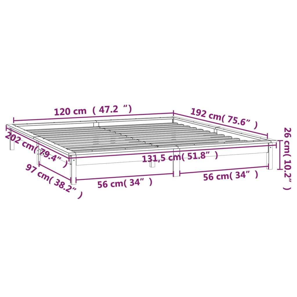 LED okvir kreveta crni 120x190 cm mali bračni od masivnog drva