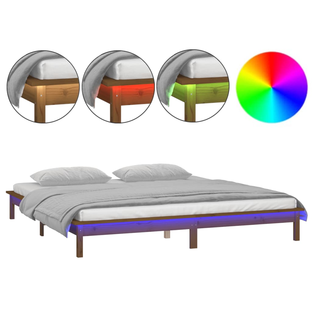 LED okvir za krevet smeđa boja meda 140 x 190 cm masivno drva