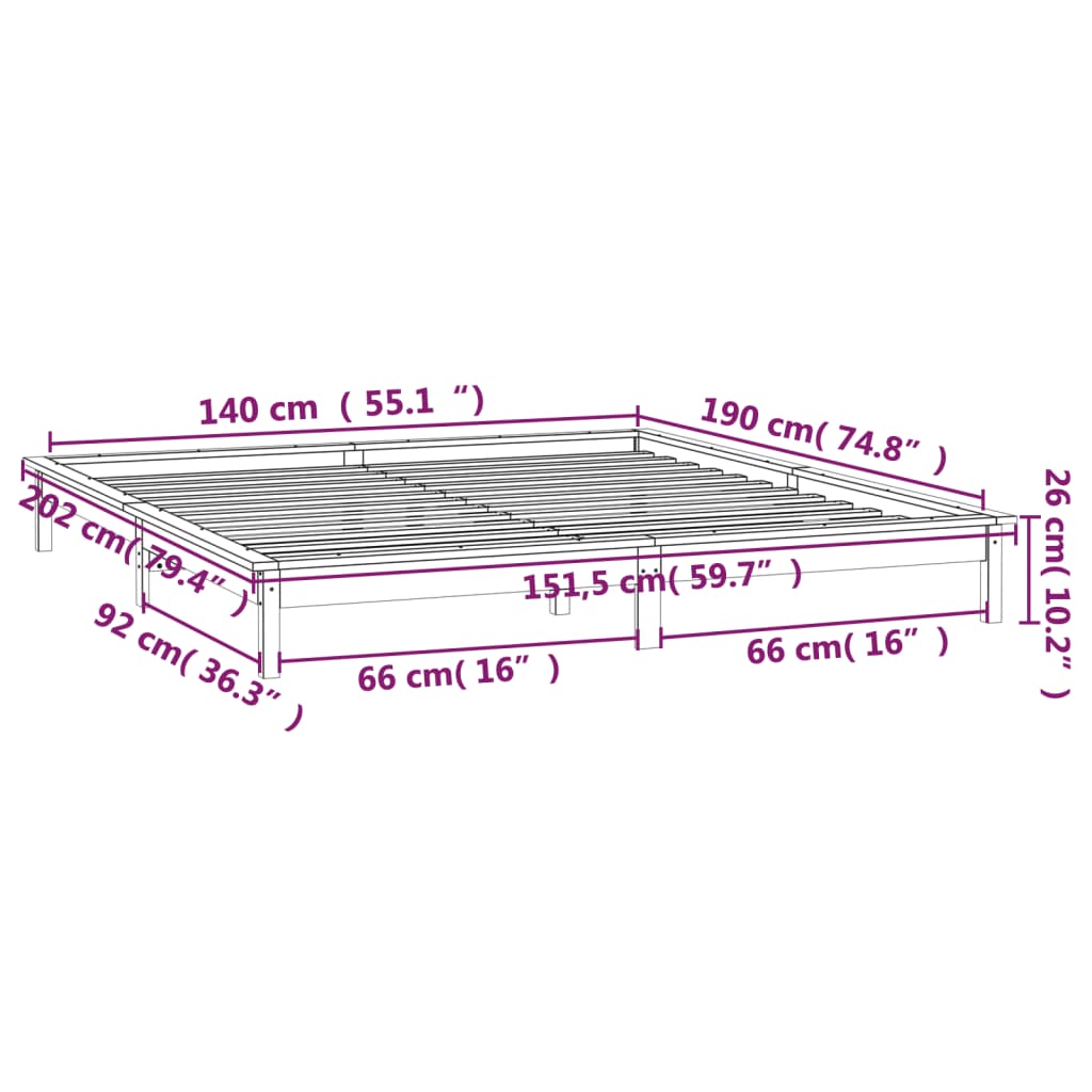LED okvir za krevet smeđa boja meda 140 x 190 cm masivno drva