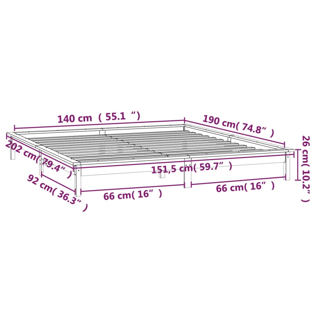 LED okvir za krevet crni 140 x 190 cm od masivnog drva