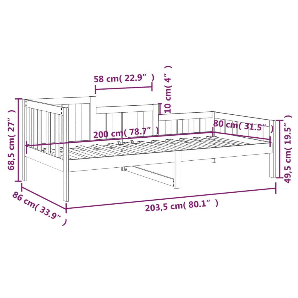 Dnevni krevet bez madraca bijeli 80 x 200 cm masivna borovina