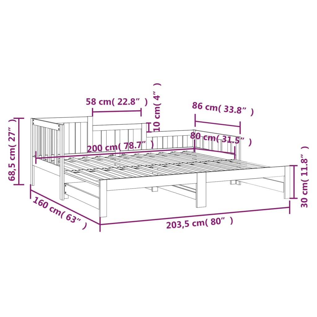 Dnevni ležaj na izvlačenje crni 2x (80x200) cm masivna borovina