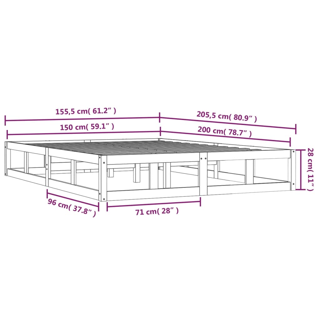 Okvir za krevet od masivnog drva sivi 150 x 200 cm bračni