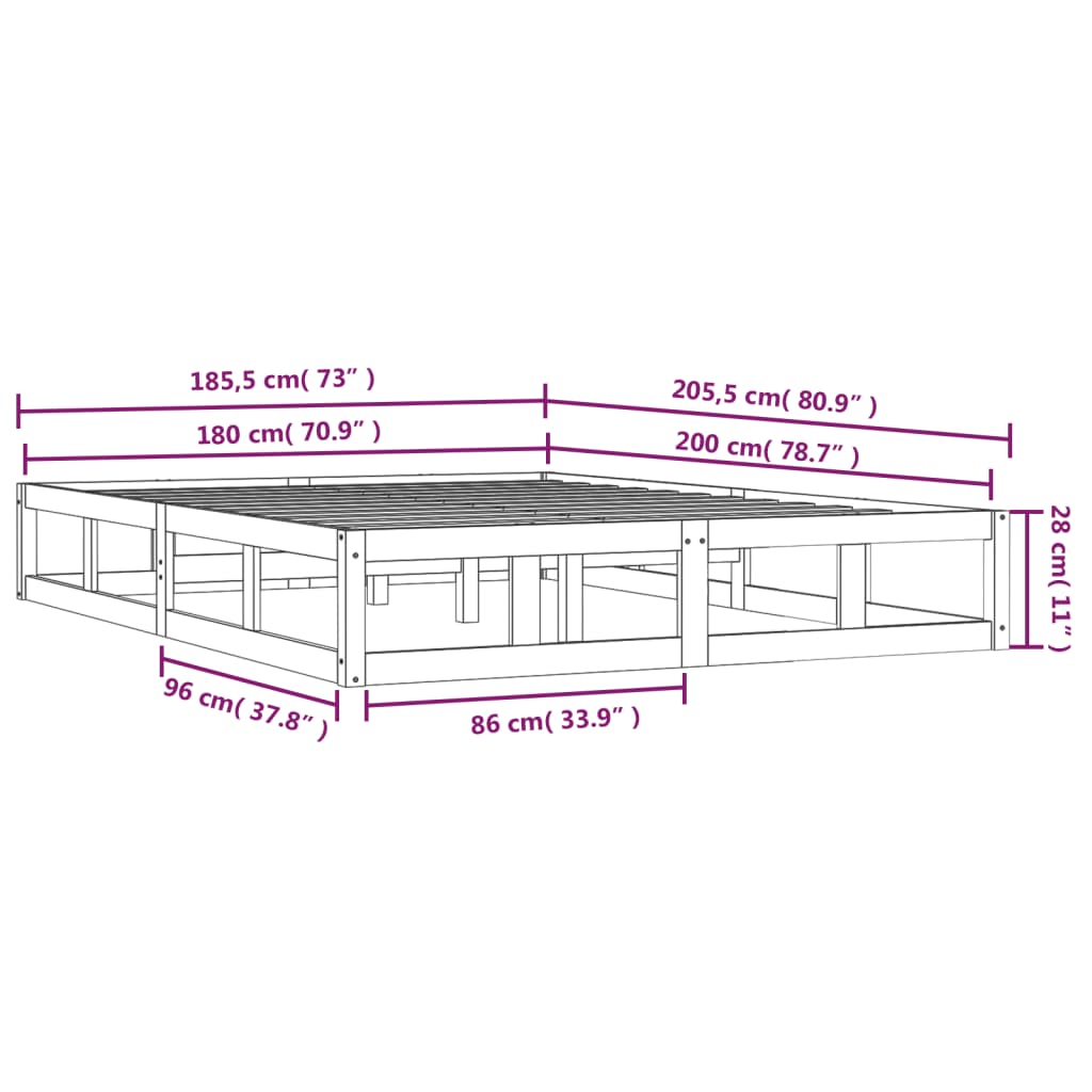 Okvir za krevet od masivnog drva crni 180 x 200 cm bračni