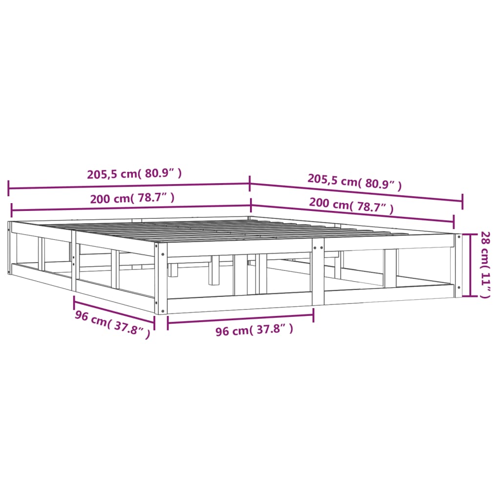 Okvir za krevet crni 200 x 200 cm od masivnog drva