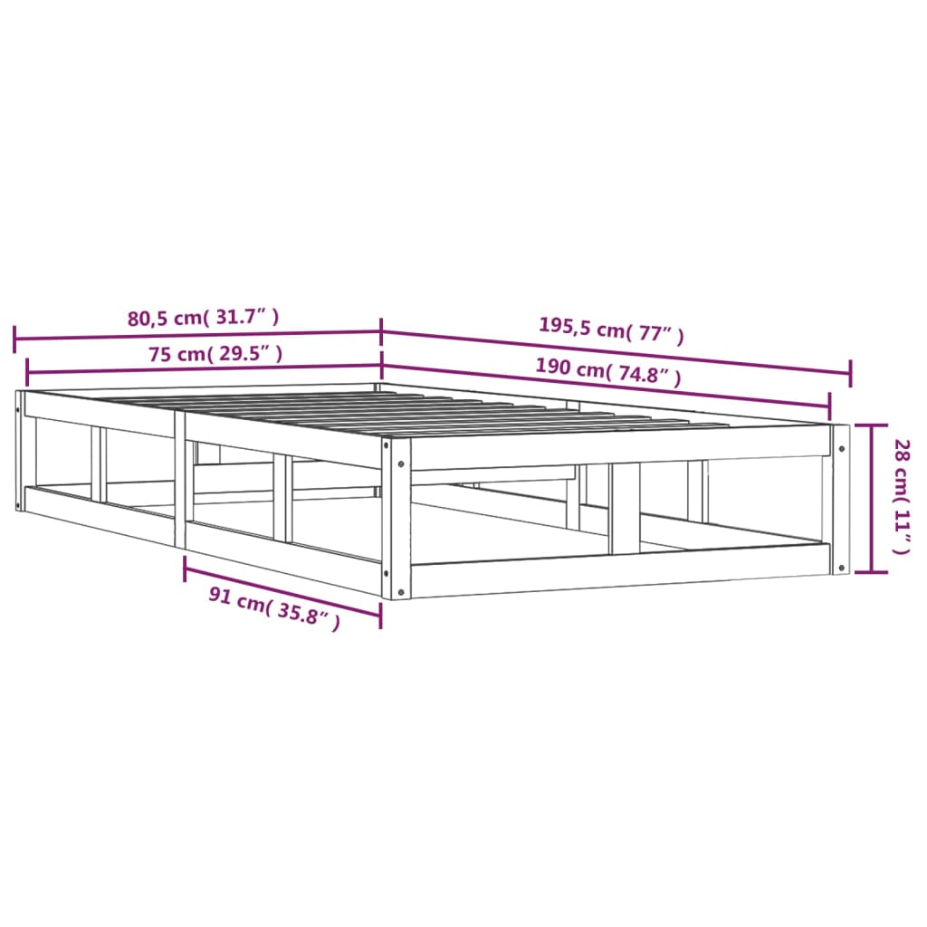 Okvir za krevet od masivnog drva 75 x 190 cm mali