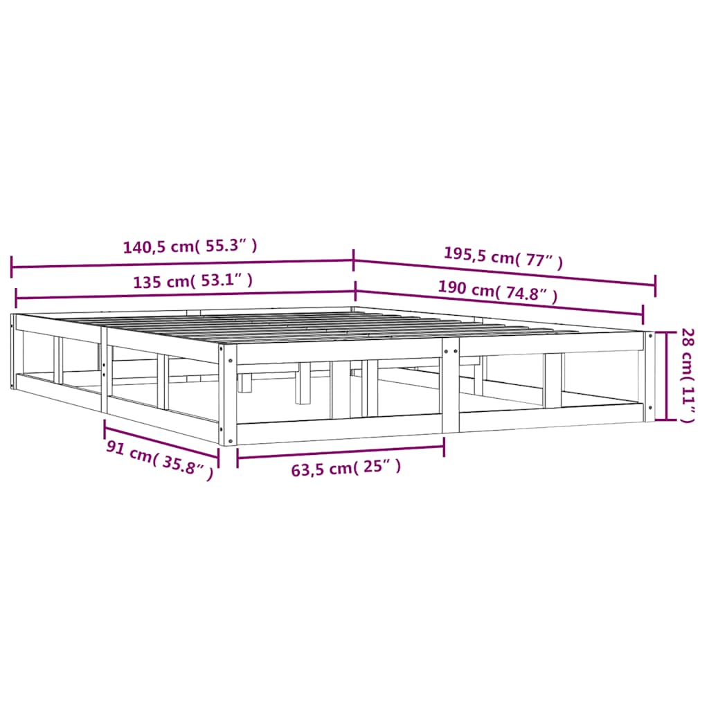 Okvir za krevet bijeli 135x190 cm bračni od masivnog drva