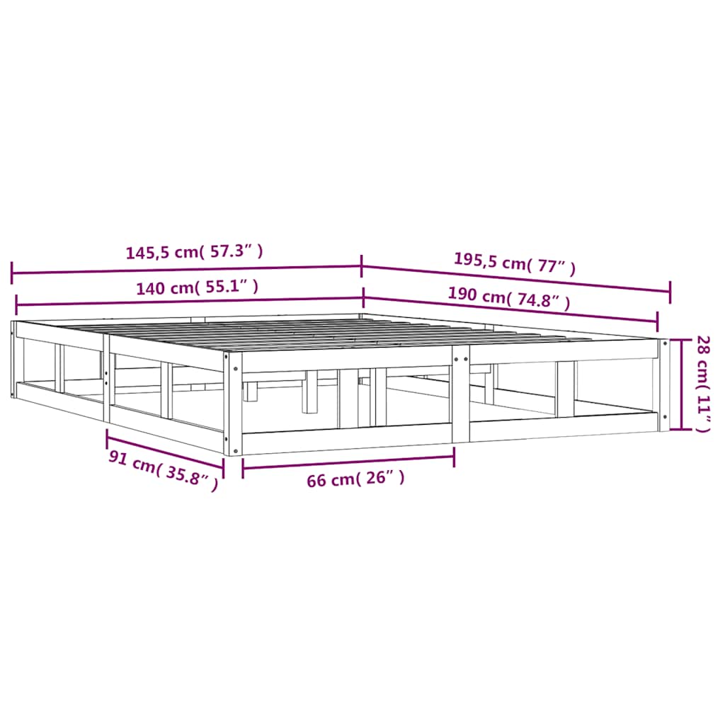 Okvir za krevet crni 140x190 cm od masivnog drva