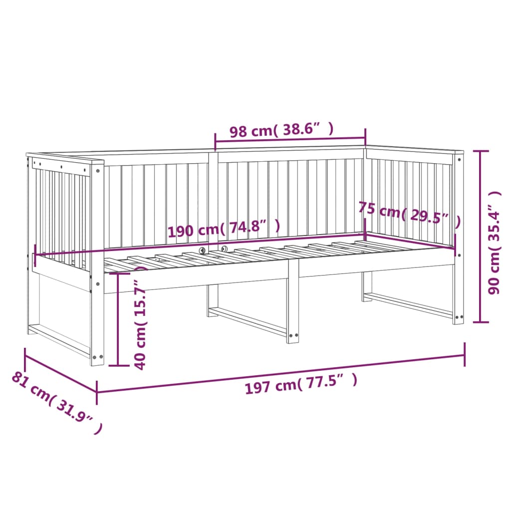 Dnevni krevet bez madraca bijeli 75x190 cm od masivne borovine