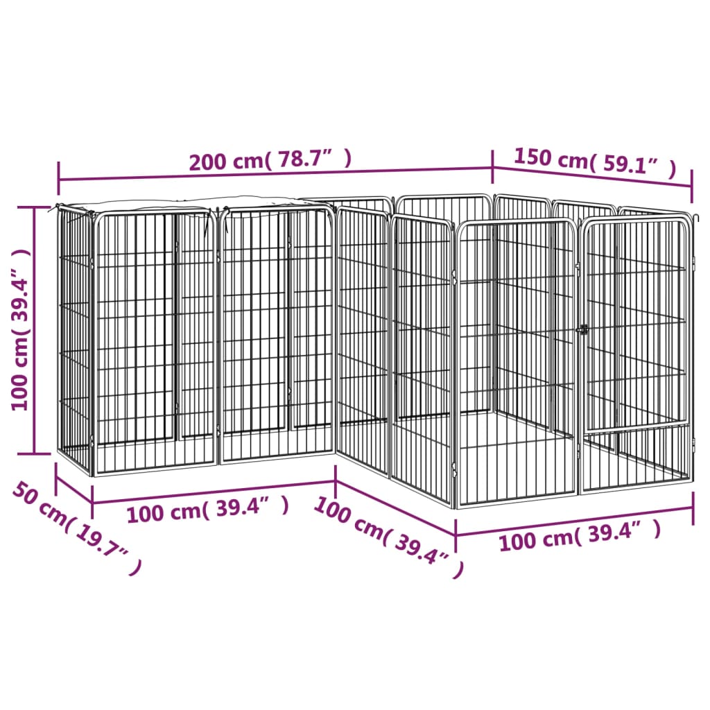 Ograda za pse s 14 panela crna 50 x 100 cm čelik obložen prahom
