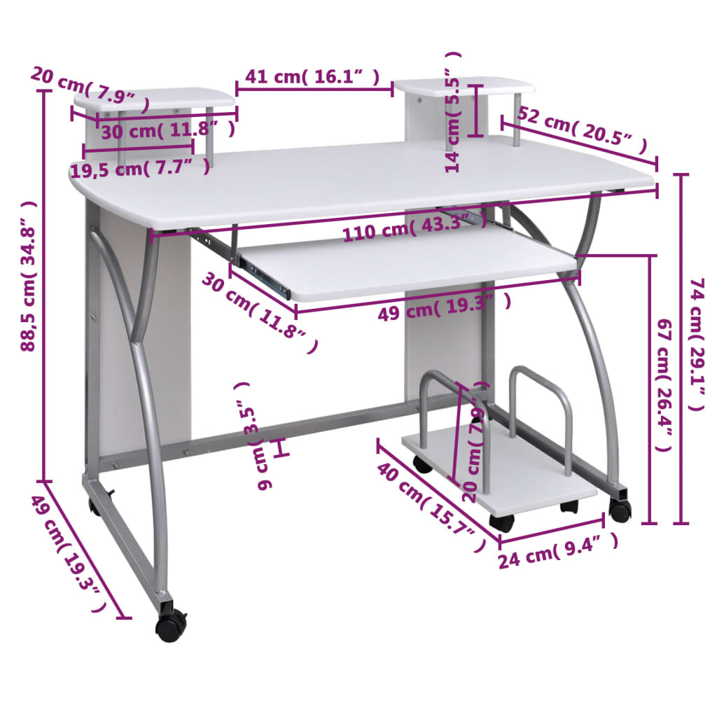 Stol za računalo bijeli 110 x 52 x 88,5 cm konstruirano drvo