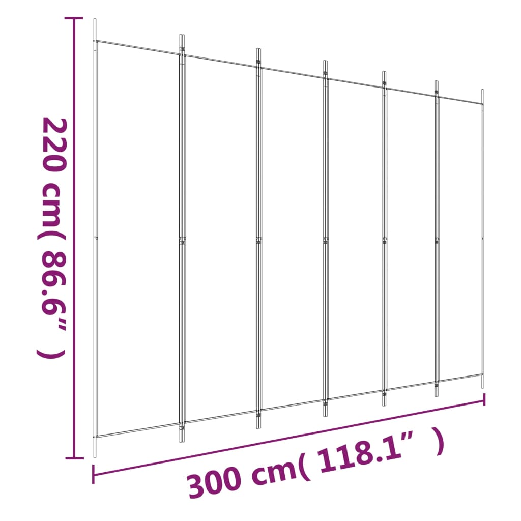 Sobna pregrada s 6 panela bijela 300 x 220 cm od tkanine