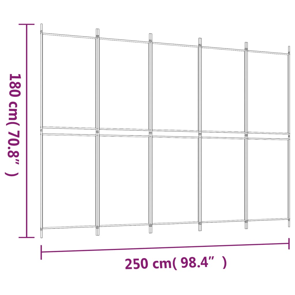 Sobna pregrada s 5 panela bijela 250 x 180 cm od tkanine