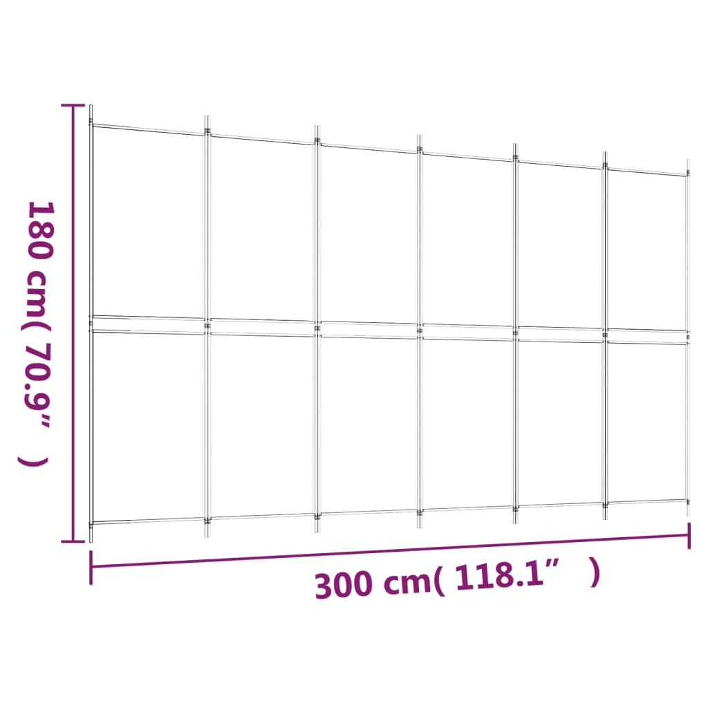 Sobna pregrada s 6 panela bijela 300 x 180 cm od tkanine