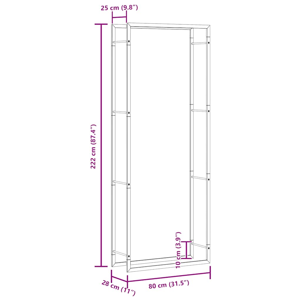 Stalak za drva za ogrjev mat crni 80x28x222 cm čelik