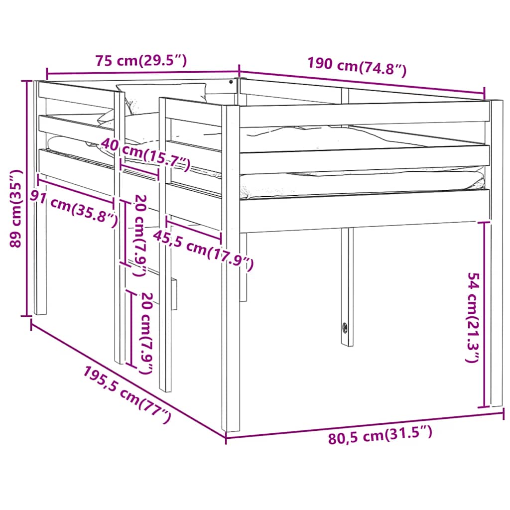 Visoki krevet 75 x 190 cm od masivne borovine
