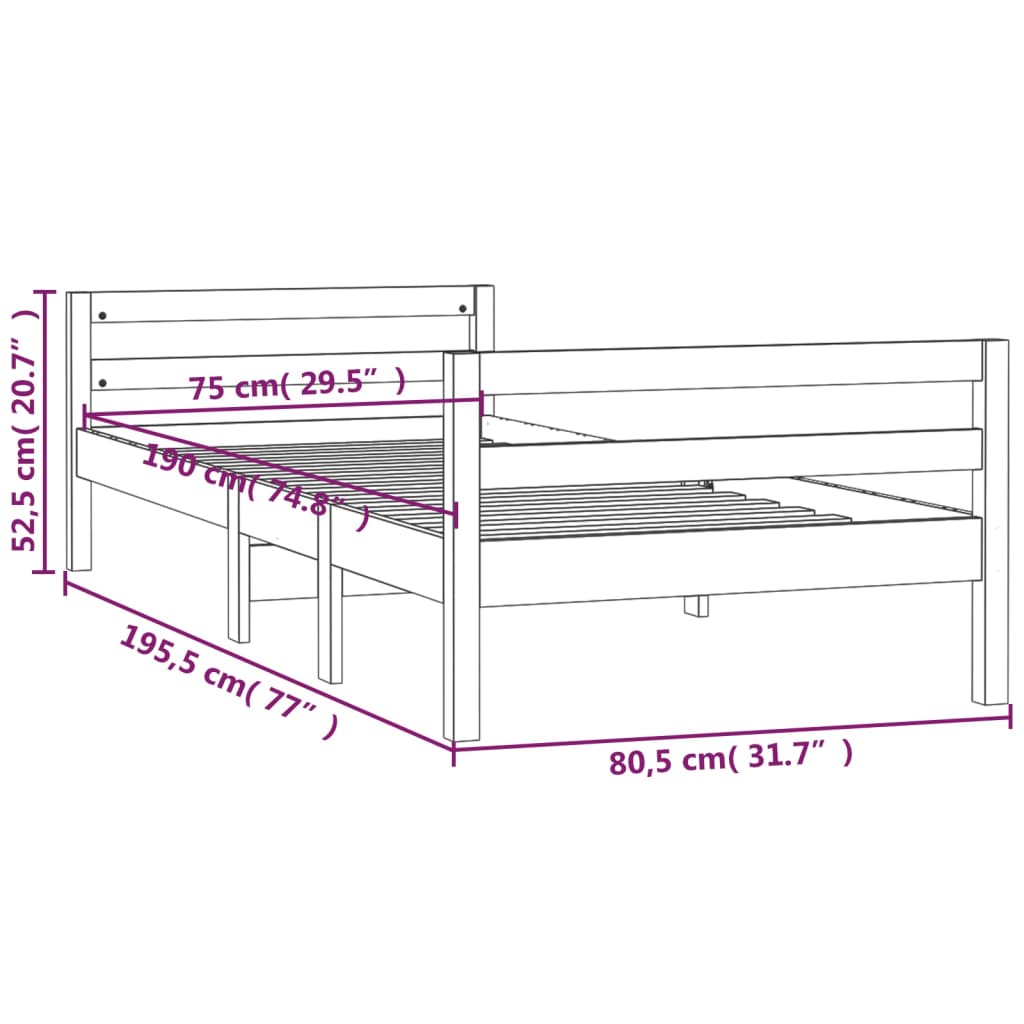 Okvir za krevet crni 75 x 190 cm od masivne borovine